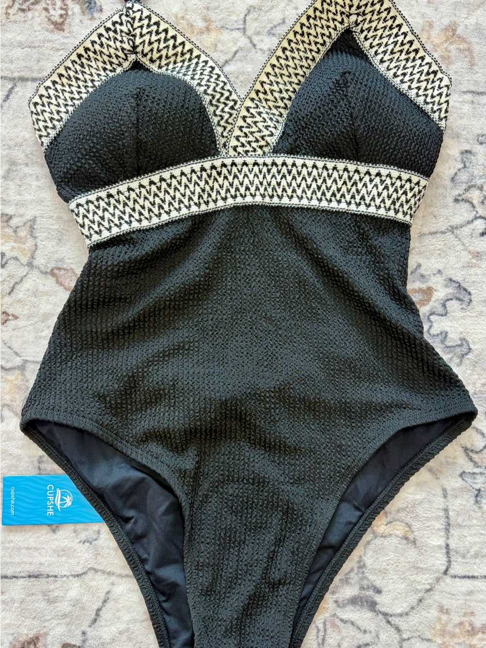 Cupshe Black One-Piece Swimsuit with Ivory Zigzag Trim